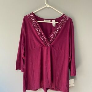 Liz Claiborne Embellished V-Neck Top - Magenta